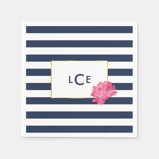 Serviette En Papier Navire Stripe & Peony Rose Monogram Cocktail Napki (Devant)