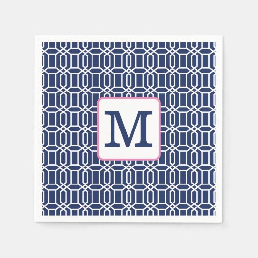 Serviette En Papier Navy Blanc Préparatoire Monogramme Initial Octogon (Devant)