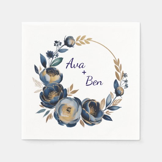 Serviette En Papier Navy Blue and Gold Peony Flower Wedding (Devant)