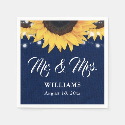 Serviette En Papier Navy Blue Burlap String Lights Sunflower Wedding (Devant)