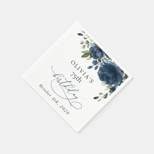 Serviette En Papier Navy Blue Flowers, Greenery, Boho, Birthday (Coin)