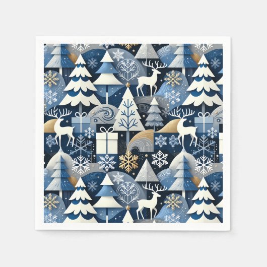 Serviette En Papier Navy Blue Gold Nordic Christmas Forest Pattern (Devant)