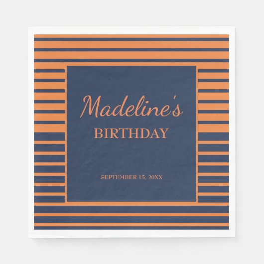 Serviette En Papier Navy Blue Orange rayé fête d'anniversaire (Devant)