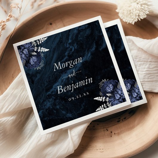 Serviette En Papier Navy Blue Silver Floral Wedding