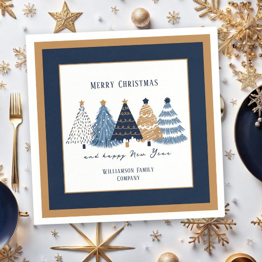 Serviette En Papier Navy Blue Trees Text Name Modern Christmas Holiday