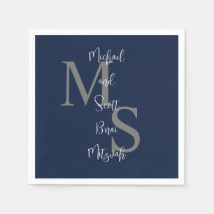 Serviette En Papier Navy Blue White B'nai Mitzvah Nom Monogramme