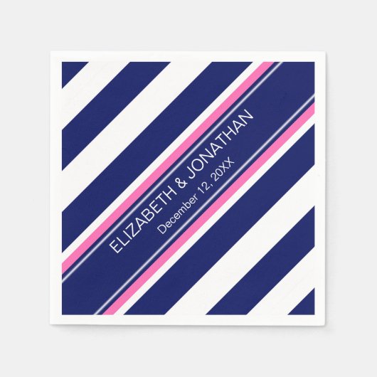 Serviette En Papier Navy Blue Wht Horiz Stripe Hot Pink Nom Monogramme (Devant)