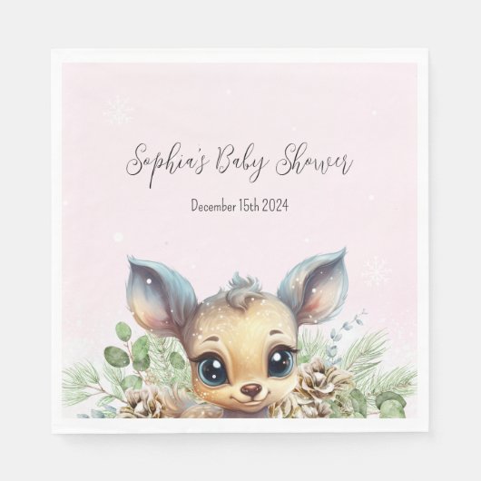 Serviette En Papier Neige froide à l'extérieur Baby shower rose Cerf (Devant)