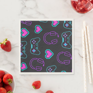 Serviette En Papier Neon Gamer Controller and Hearts Pattern