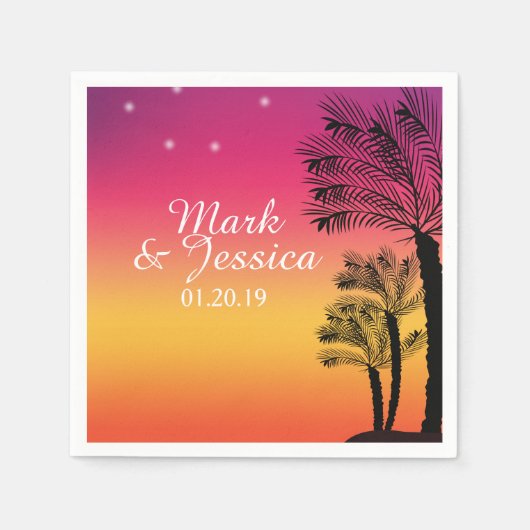 Serviette En Papier Neon Pink Ombre Tropical Tree Sunset Beach (Devant)