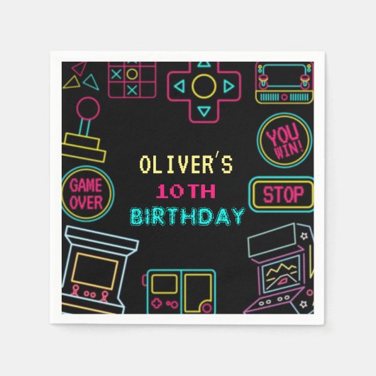 Serviette En Papier Neon Toute année jeux vidéo arcade anniversaire (Devant)