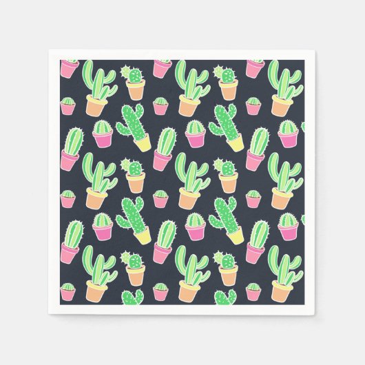 Serviette En Papier Neon Watercolor Cacti in Pot Pattern (Devant)