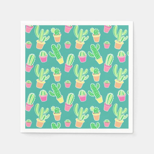 Serviette En Papier Neon Watercolor Cactus In Pot Pattern (Devant)