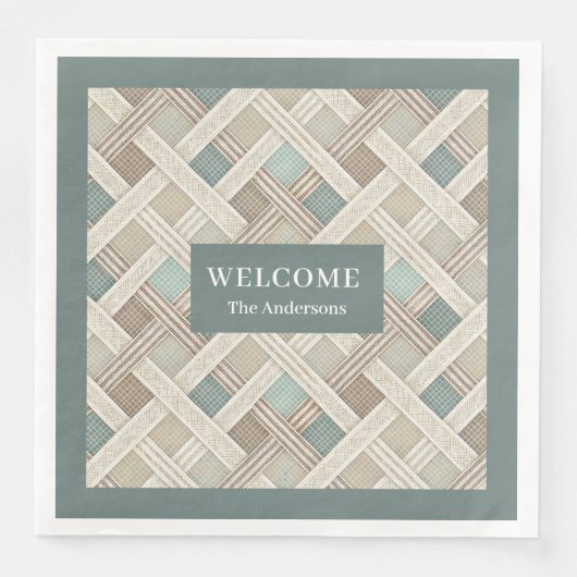 Serviette En Papier Neutral Geometric Green Napkins Custom Name Chic (Devant)