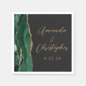 Serviette En Papier Noces Agate Émeraude Vert Or Script Sombre (Devant)