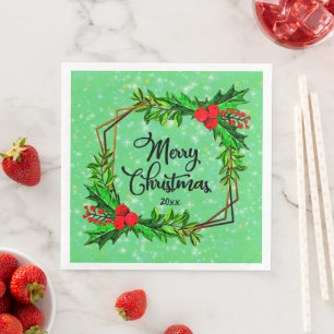 Serviette En Papier Noël 20xx Holly Red Berries Vert moderne