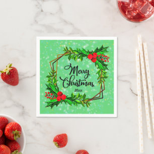 Serviette En Papier Noël 20xx Holly Red Berries Vert moderne