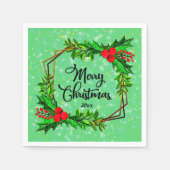 Serviette En Papier Noël 20xx Holly Red Berries Vert moderne (Devant)
