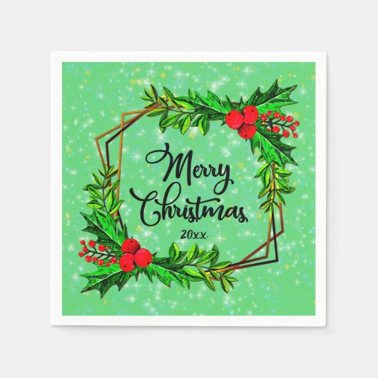 Serviette En Papier Noël 20xx Holly Red Berries Vert moderne (Devant)