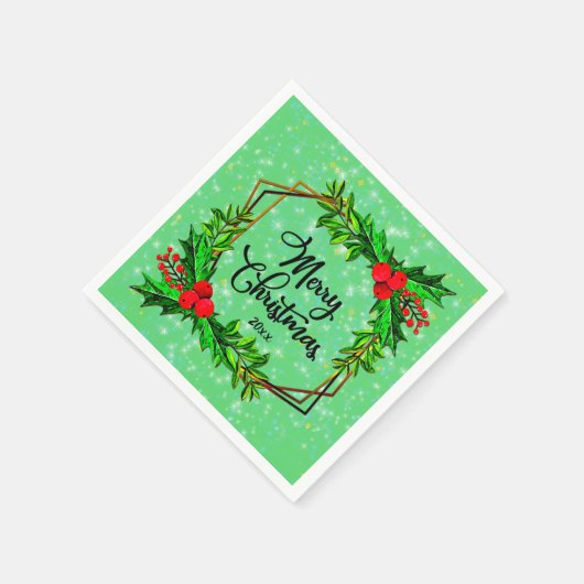Serviette En Papier Noël 20xx Holly Red Berries Vert moderne (Coin)