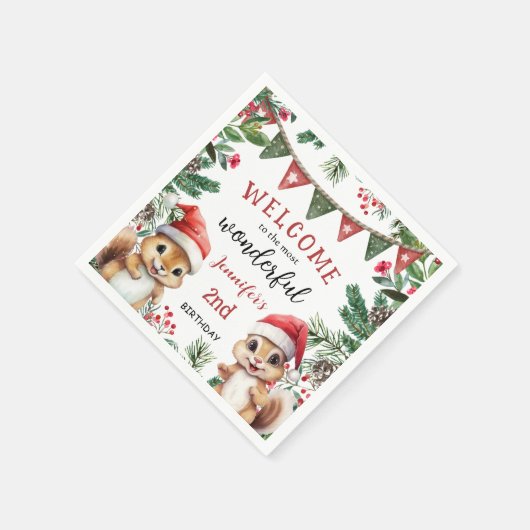 Serviette En Papier Noël 2 Anniversaire mignon écureuil d'hiver (Coin)