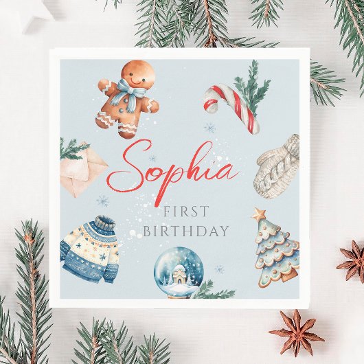 Serviette En Papier Noël Aquarelle hiver Première fête d'anniversaire