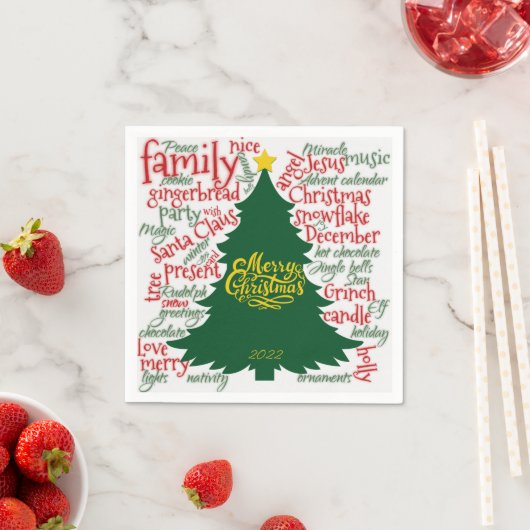 Serviette En Papier Noel arbre mot nuage rouge vert cadeau (En situation)