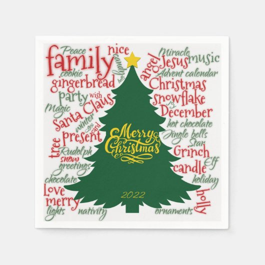 Serviette En Papier Noel arbre mot nuage rouge vert cadeau (Devant)