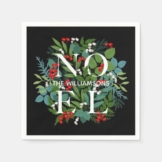 Serviette En Papier NOEL Berries Verdure Noël noir personnalisé (Devant)