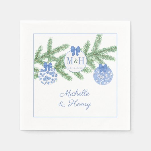 Serviette En Papier Noël Bleu Blanc Chinoiserie Monogramme Mariage (Devant)