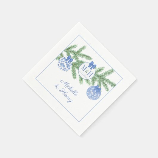 Serviette En Papier Noël Bleu Blanc Chinoiserie Monogramme Mariage (Coin)
