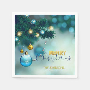 Serviette En Papier NOËL bleu personnalisé d'arbre de babioles d'or