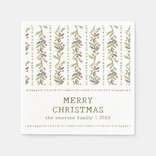 Serviette En Papier Noël Botanique Vert Rustique (Devant)
