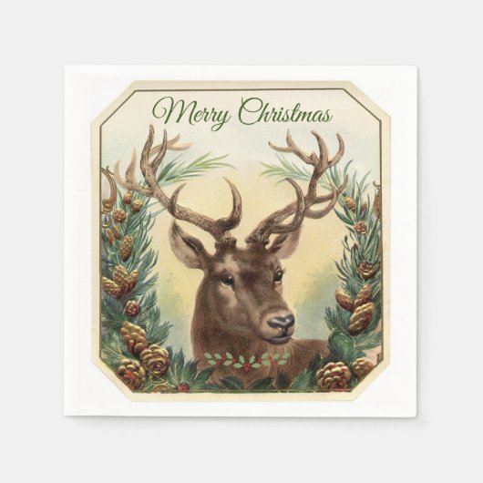 Serviette En Papier Noël Cerf Reindeer Holly Pine Cônes Rustique (Devant)