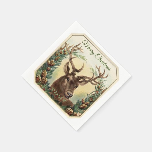 Serviette En Papier Noël Cerf Reindeer Holly Pine Cônes Rustique (Coin)