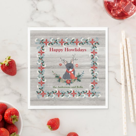 Serviette En Papier Noël Chien-taureau français Antlers & Rustic Green (En situation)