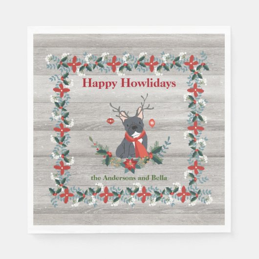 Serviette En Papier Noël Chien-taureau français Antlers & Rustic Green (Devant)