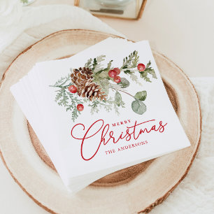 Serviette En Papier Noël Élégant Baies de Houx et Cônes de Pin