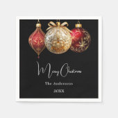 Serviette En Papier Noël fête noir rouge or baubles (Devant)