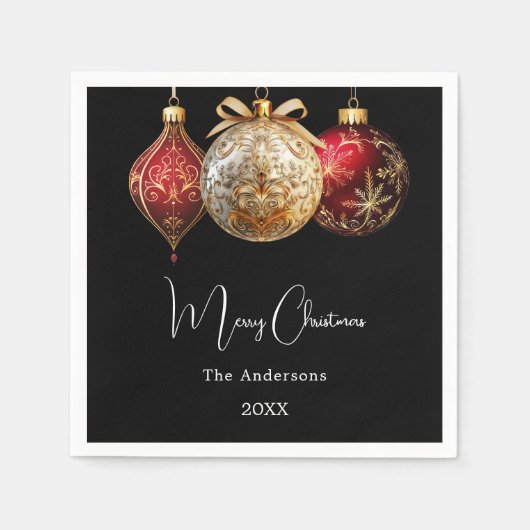 Serviette En Papier Noël fête noir rouge or baubles (Devant)