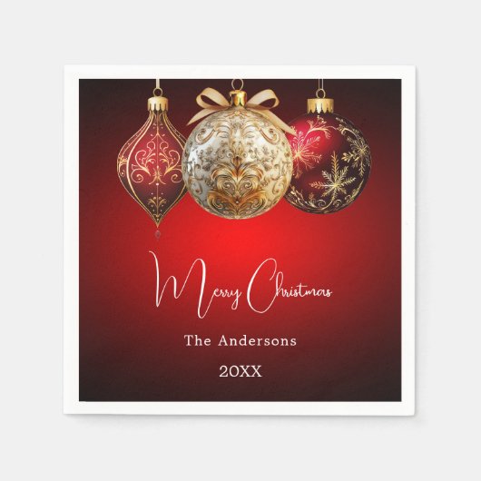 Serviette En Papier Noël fête rouge or boules dîner (Devant)