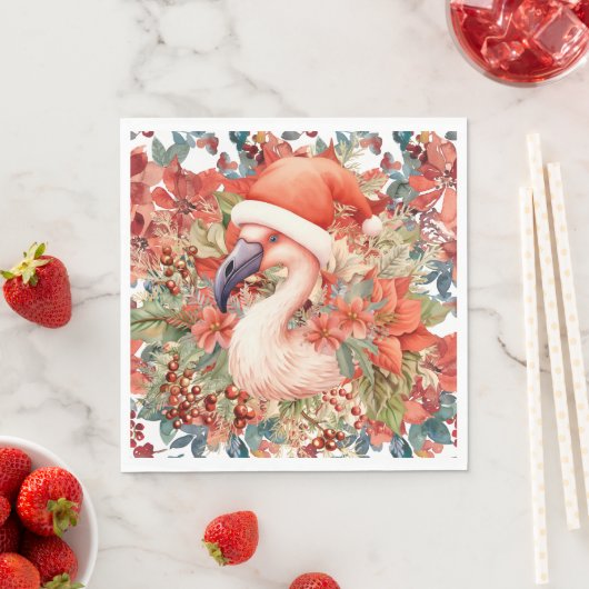 Serviette En Papier Noël Flamant rose avec Santa Hat et Poinsettia (En situation)