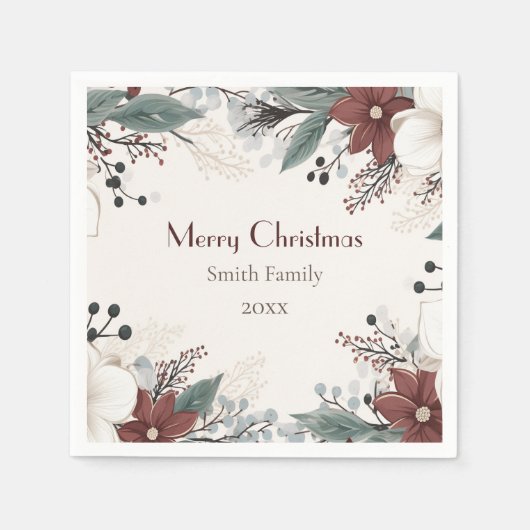 Serviette En Papier Noël floral personnalisé rouge et blanc (Devant)