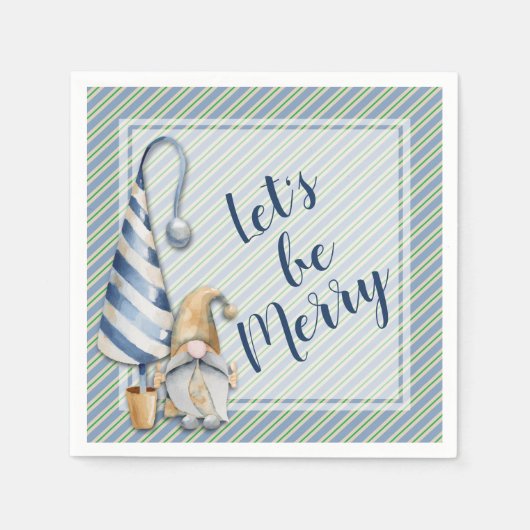Serviette En Papier Noël Gnome sur Blue Stripes Fête (Devant)