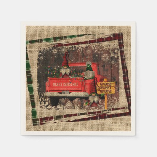 Serviette En Papier Noël Gnome Sweet Gnome Camion Rouge Plaid Rustique (Devant)