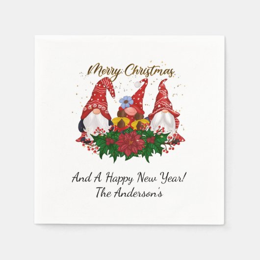 Serviette En Papier Noël Gnomes Poinsettia Whimsical Woodland (Devant)