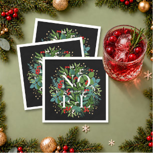 Serviette En Papier NOEL Greenery on Black Christmas
