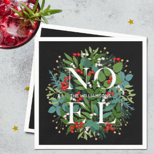 Serviette En Papier NOEL Greenery on Black Christmas