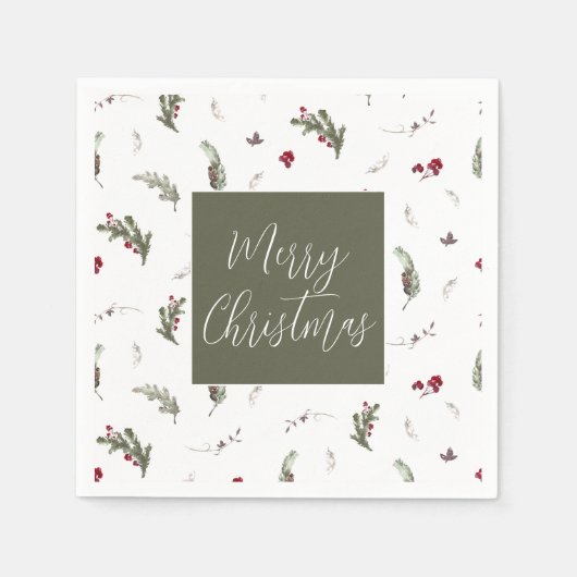 Serviette En Papier Noël hiver Napkins Vert Blanc Bourgogne (Devant)