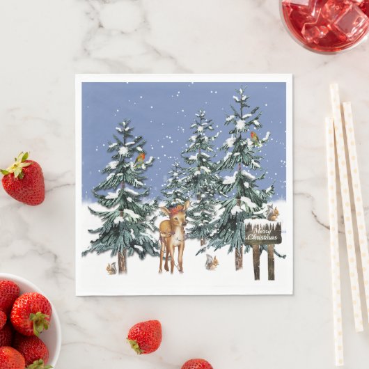 Serviette En Papier Noël hiver Wonderland Cerfs Pins Arbres (En situation)